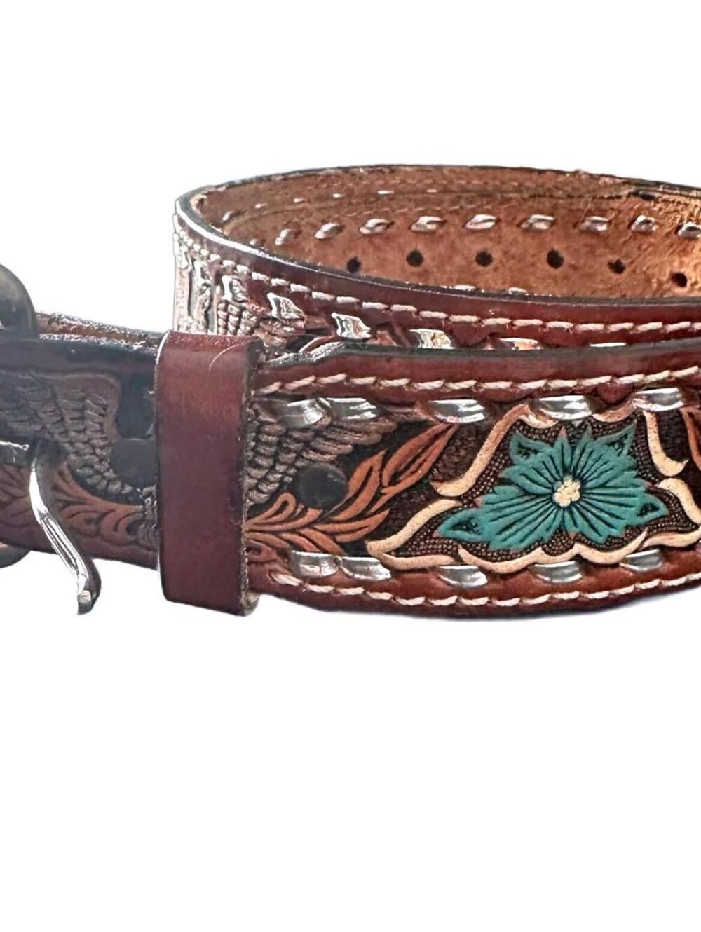 VTG Mallory Hand-Tooled Leather Belt with Floral and Eagle Design, Size 32